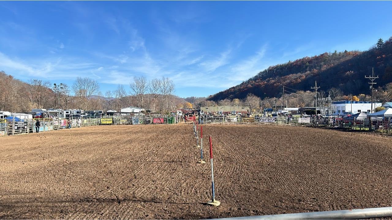 The dirt arena at the Marlinton Rodeo on a clear fall day